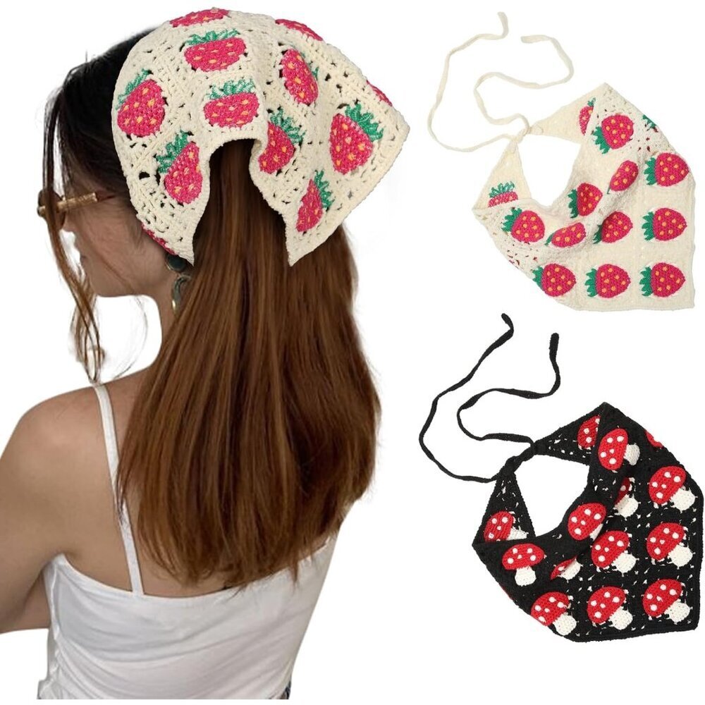 Crochet Head Kerchief Hair Scarf 2Pcs Women Girls Handmade Knitted Ponytail